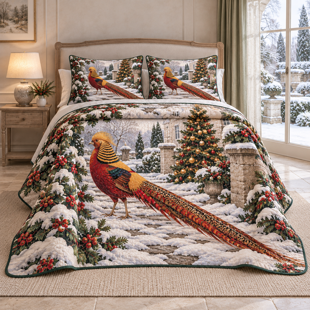 Christmas Golden Pheasant Snow Path thin printed quilt with two matching pillow shams; complete-product design mockup with flat printed visual depth.