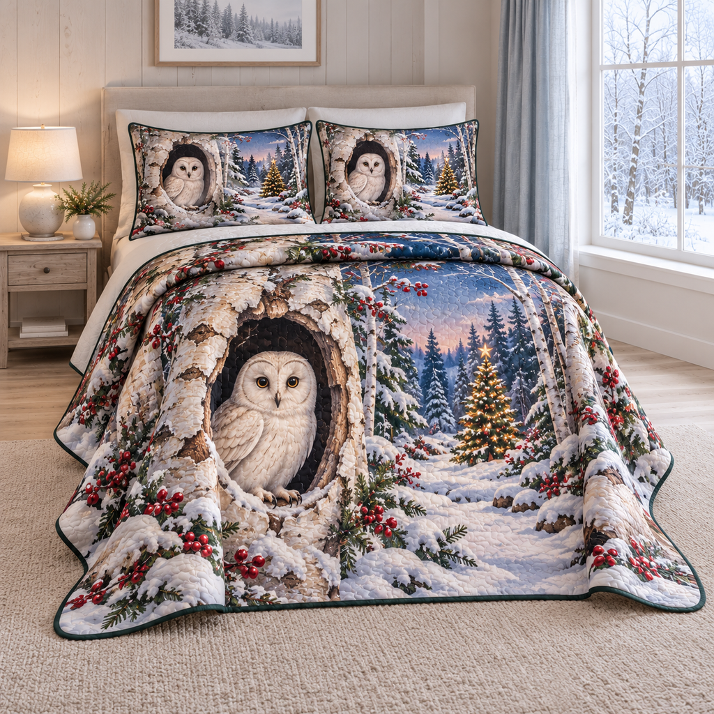 Christmas Ivory Owl Birch Hollow thin printed quilt with two matching pillow shams; complete-product design mockup with flat printed visual depth.
