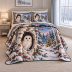 Christmas Ivory Owl Birch Hollow thin printed quilt with two matching pillow shams; complete-product design mockup with flat printed visual depth.
