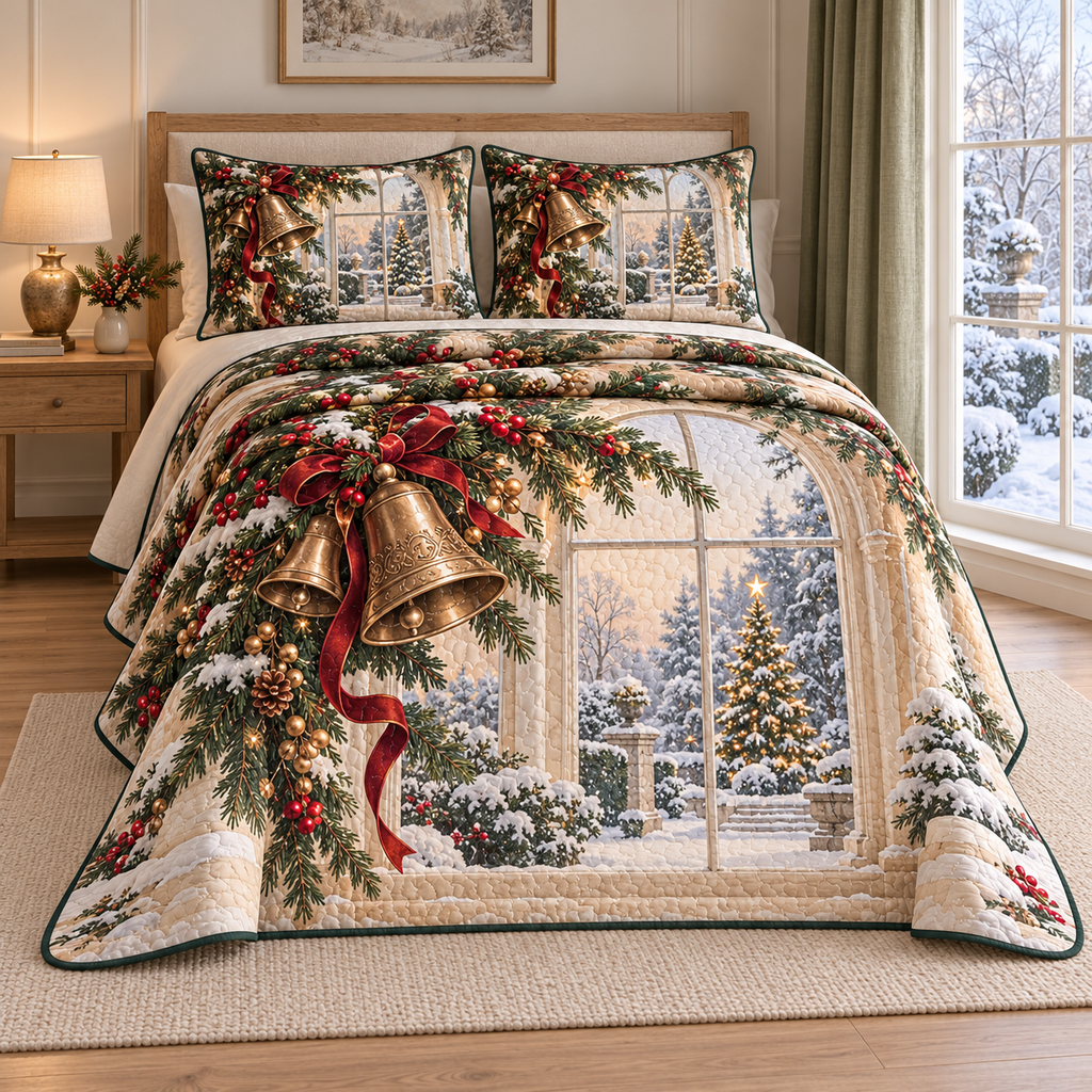 Christmas Bronze Bells Winter Window thin printed quilt with two matching pillow shams; complete-product design mockup with flat printed visual depth.