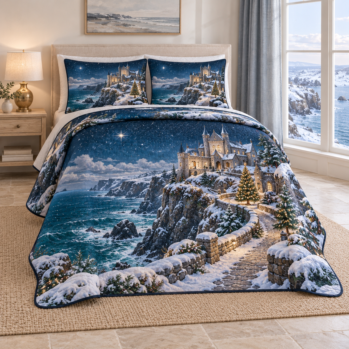 Christmas Clifftop Castle Winter Lights thin printed quilt with two matching pillow shams; complete-product design mockup with flat printed visual depth.