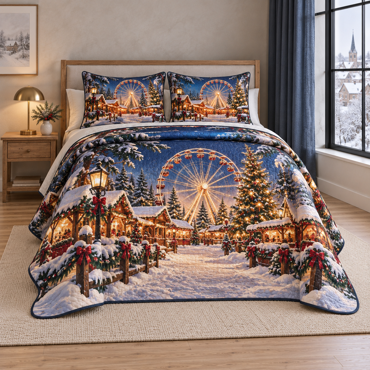 Christmas Winter Ferris Wheel Glow thin printed quilt with two matching pillow shams; complete-product design mockup with flat printed visual depth.