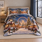 Christmas Winter Ferris Wheel Glow thin printed quilt with two matching pillow shams; complete-product design mockup with flat printed visual depth.