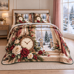 Christmas Winter Rose Timepiece thin printed quilt with two matching pillow shams; complete-product design mockup with flat printed visual depth.