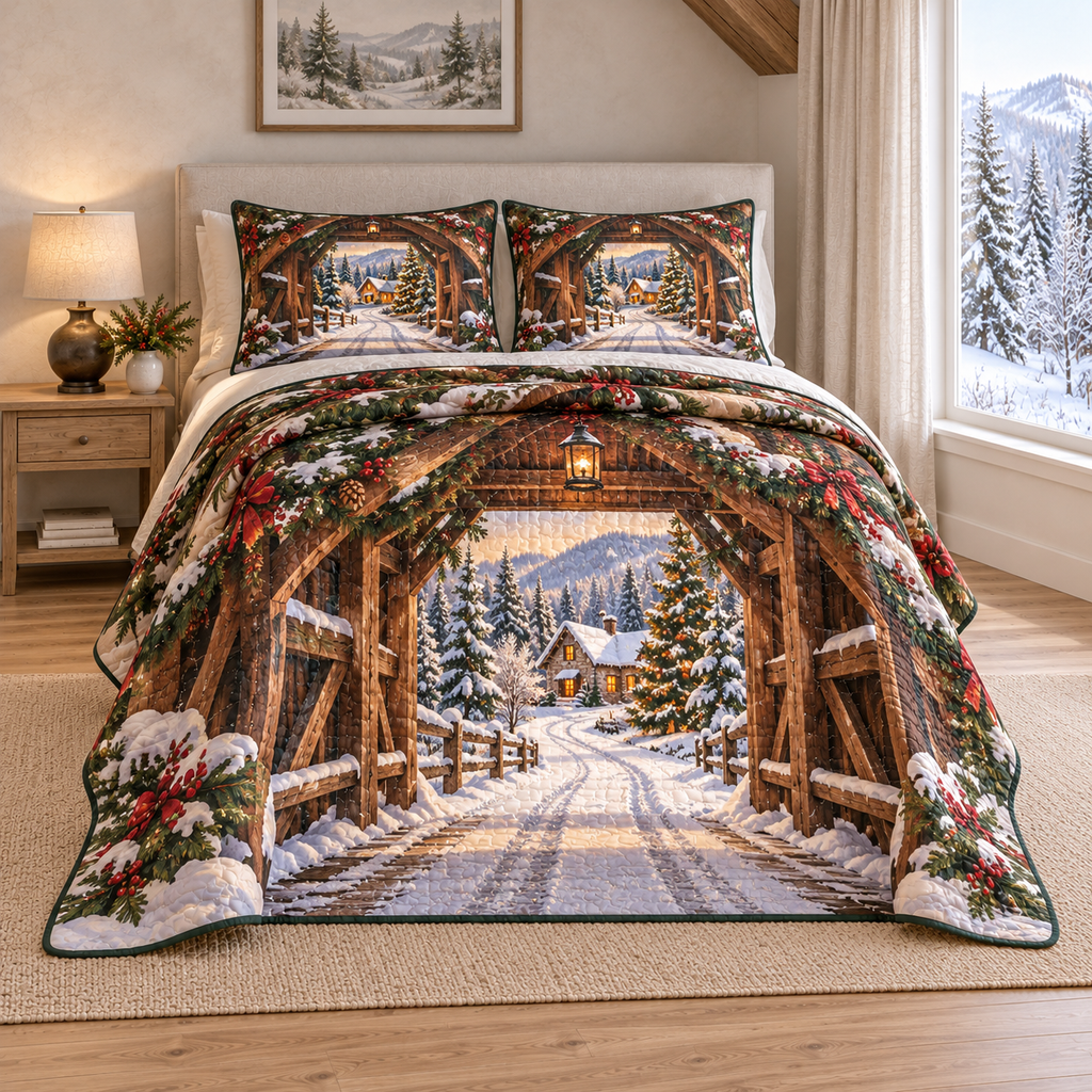 Christmas Woodland Covered Bridge thin printed quilt with two matching pillow shams; complete-product design mockup with flat printed visual depth.