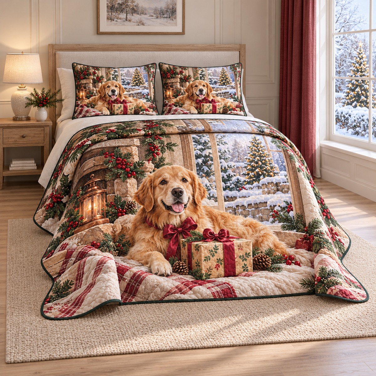 Christmas Golden Retriever Ribbon Gift thin printed quilt with two matching pillow shams; complete-product design mockup with flat printed visual depth.
