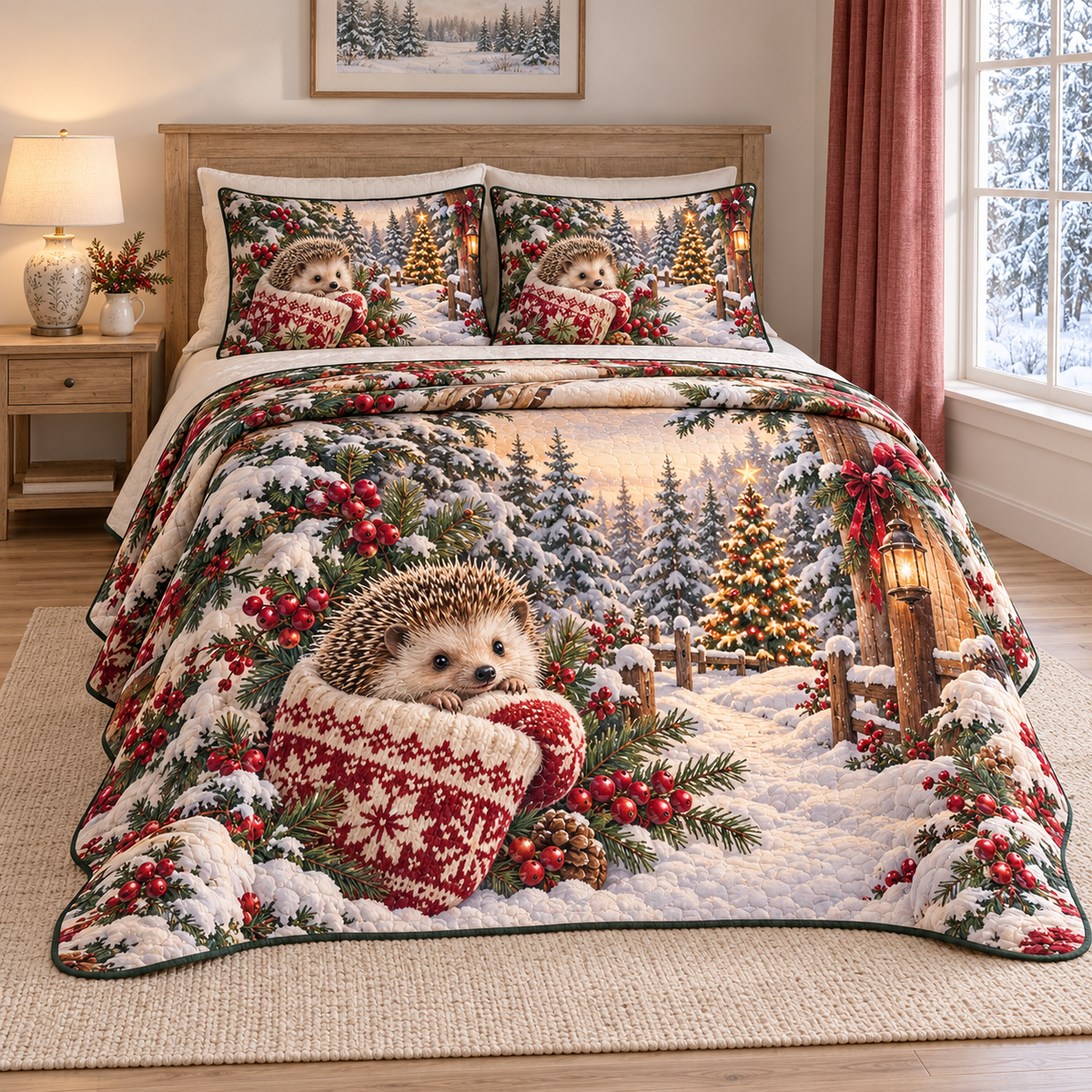 Christmas Hedgehog Cozy Cup thin printed quilt with two matching pillow shams; complete-product design mockup with flat printed visual depth.