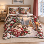 Christmas Hedgehog Cozy Cup thin printed quilt with two matching pillow shams; complete-product design mockup with flat printed visual depth.
