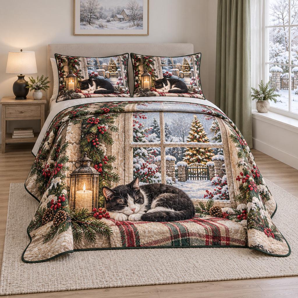 Christmas Tuxedo Cat Candle Window thin printed quilt with two matching pillow shams; complete-product design mockup with flat printed visual depth.