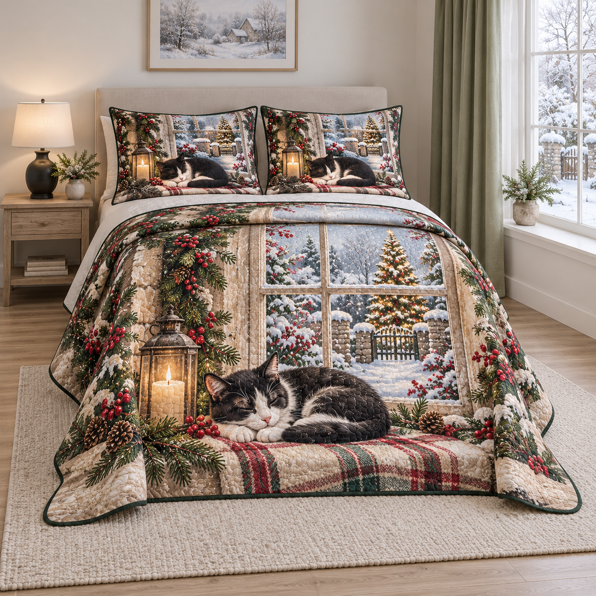 Christmas Tuxedo Cat Candle Window thin printed quilt with two matching pillow shams; complete-product design mockup with flat printed visual depth.