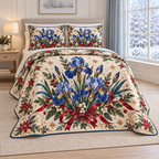 Christmas Blue Iris Ribbon Fan thin printed quilt with two matching pillow shams; complete-product design mockup with flat printed visual depth.