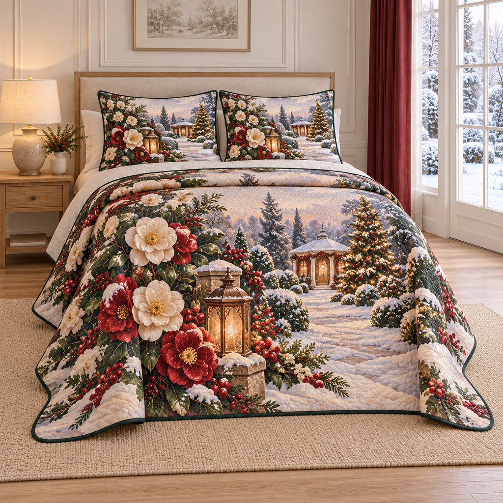 Christmas Camellia Lantern Garden thin printed quilt with two matching pillow shams; complete-product design mockup with flat printed visual depth.