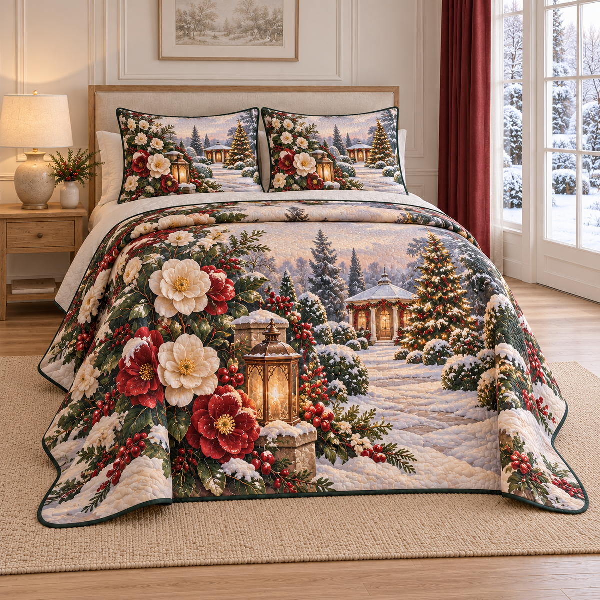 Christmas Camellia Lantern Garden thin printed quilt with two matching pillow shams; complete-product design mockup with flat printed visual depth.