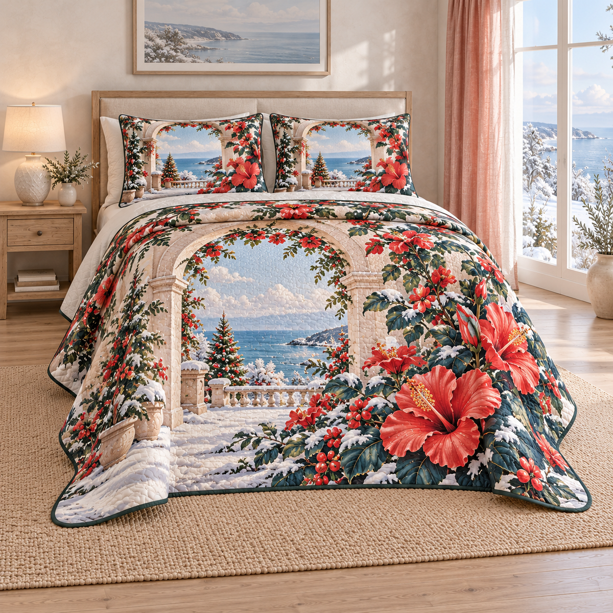 Christmas Hibiscus Coastal Arch thin printed quilt with two matching pillow shams; complete-product design mockup with flat printed visual depth.
