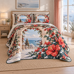 Christmas Hibiscus Coastal Arch thin printed quilt with two matching pillow shams; complete-product design mockup with flat printed visual depth.