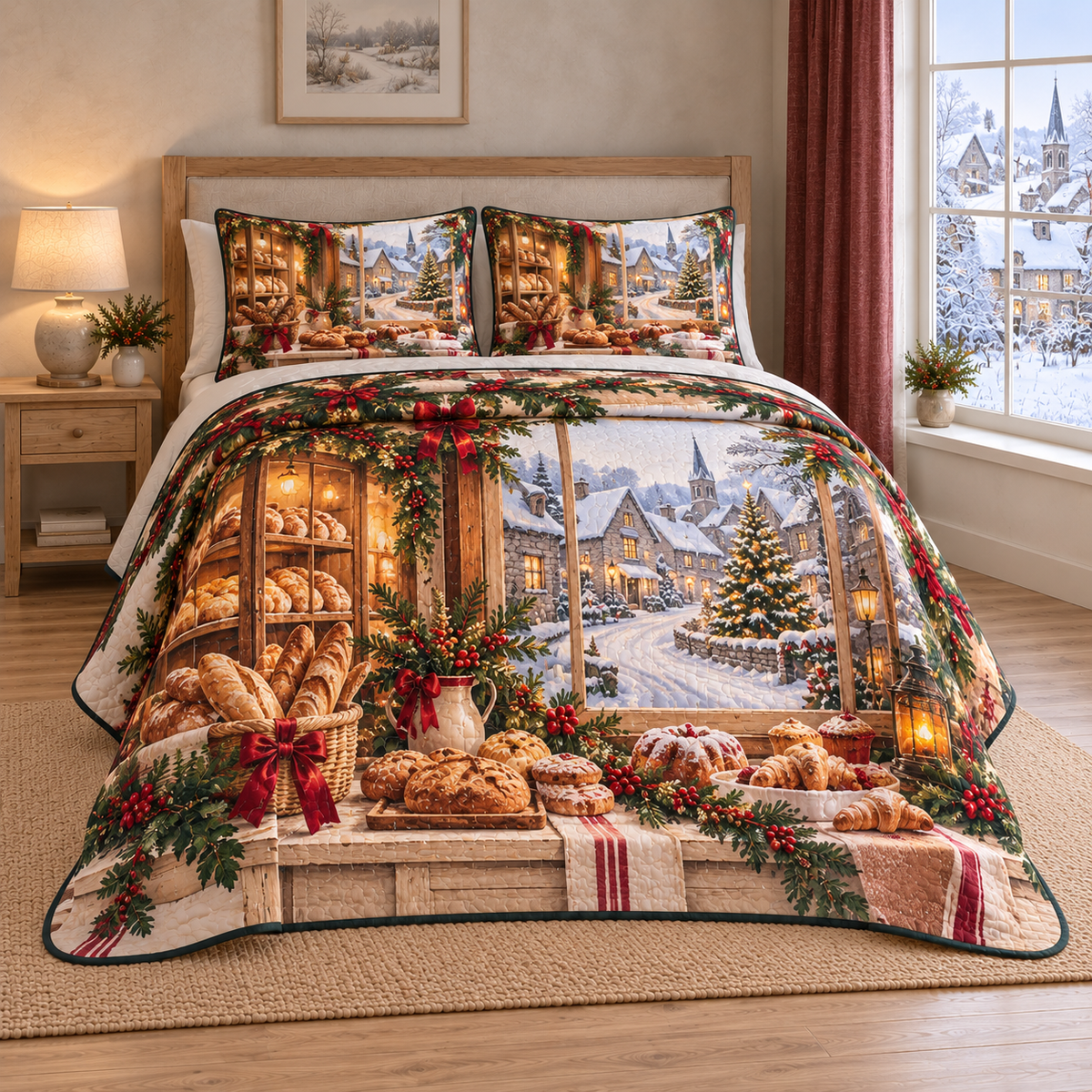 Christmas Bakery Winter Window thin printed quilt with two matching pillow shams; complete-product design mockup with flat printed visual depth.