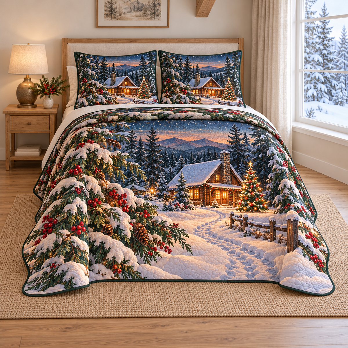 Christmas Cedar Cabin Winter Lights thin printed quilt with two matching pillow shams; complete-product design mockup with flat printed visual depth.