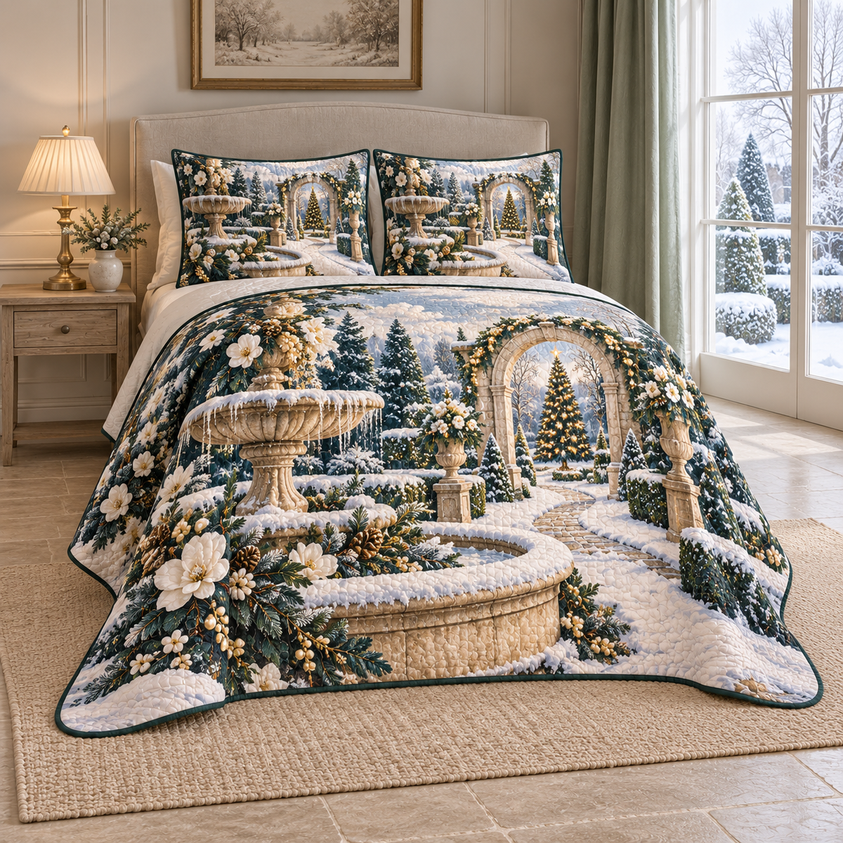 Christmas Frosted Fountain Courtyard thin printed quilt with two matching pillow shams; complete-product design mockup with flat printed visual depth.