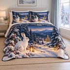 Christmas Arctic Hare Lantern Trail thin printed quilt with two matching pillow shams; complete-product design mockup with flat printed visual depth.