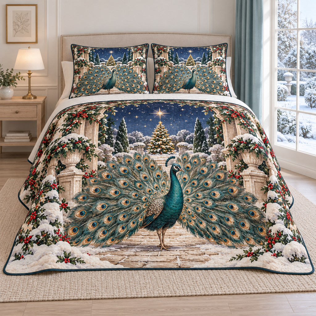 Christmas Peacock Starlight Fan thin printed quilt with two matching pillow shams; complete-product design mockup with flat printed visual depth.