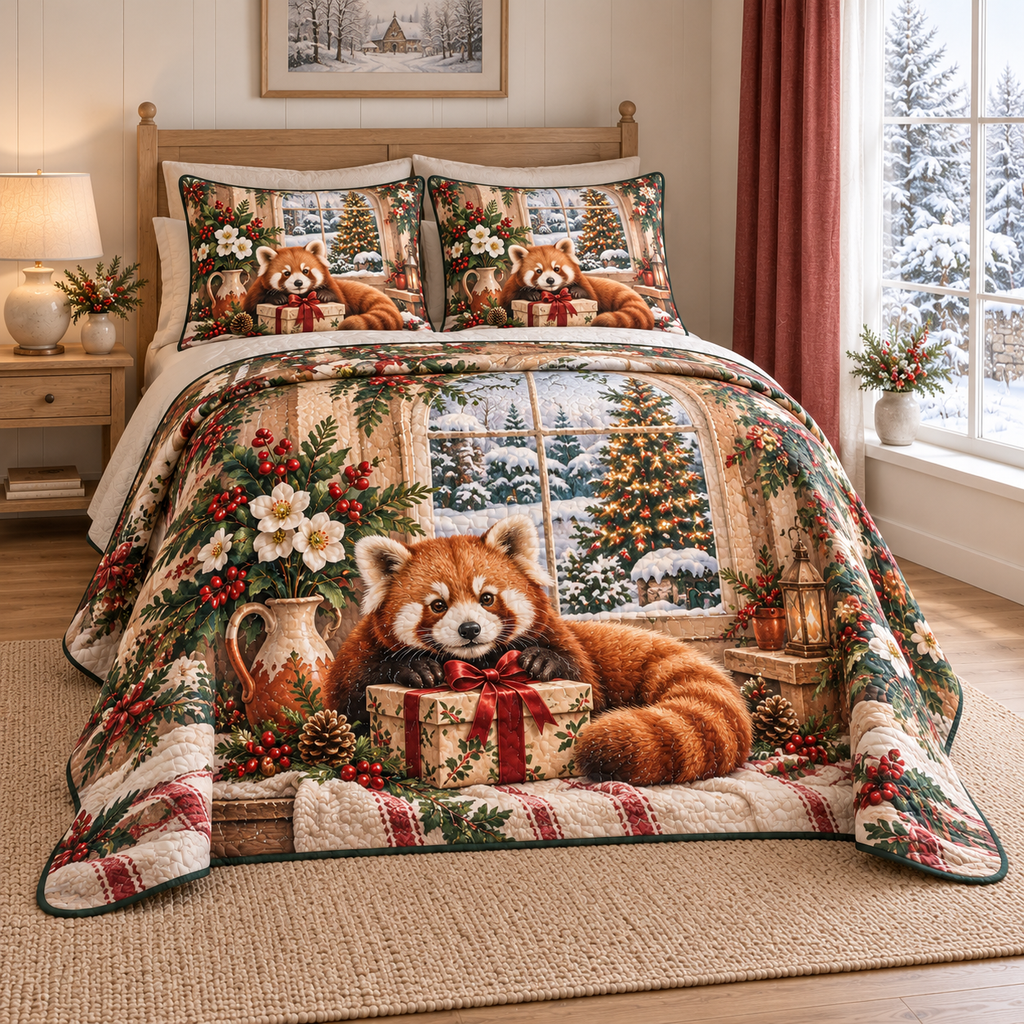 Christmas Red Panda Ribbon Gift thin printed quilt with two matching pillow shams; complete-product design mockup with flat printed visual depth.