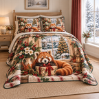 Christmas Red Panda Ribbon Gift thin printed quilt with two matching pillow shams; complete-product design mockup with flat printed visual depth.