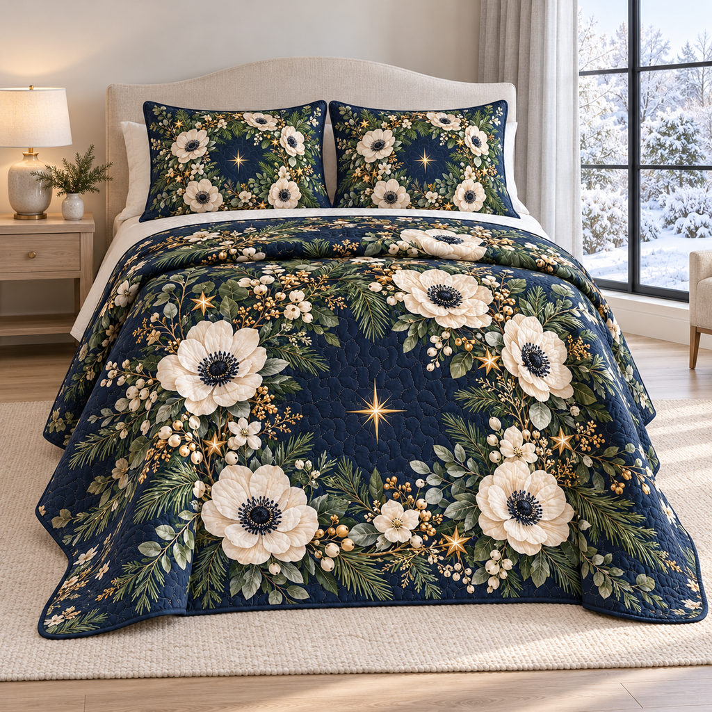 Christmas Ivory Anemone Star Wreath thin printed quilt with two matching pillow shams; complete-product design mockup with flat printed visual depth.
