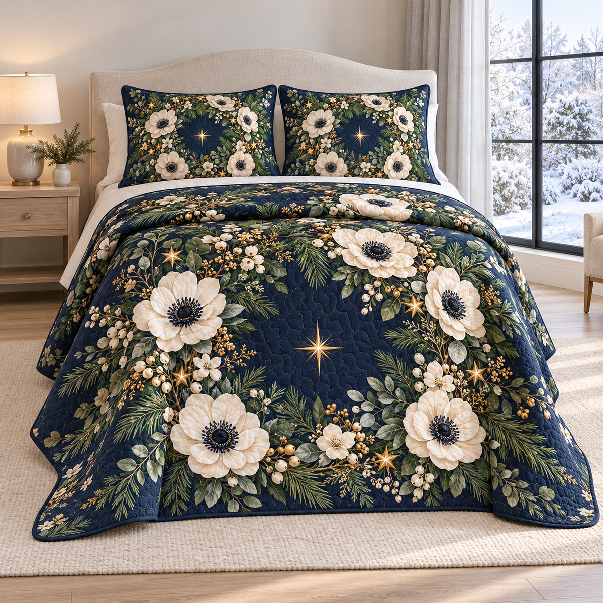Christmas Ivory Anemone Star Wreath thin printed quilt with two matching pillow shams; complete-product design mockup with flat printed visual depth.