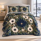 Christmas Ivory Anemone Star Wreath thin printed quilt with two matching pillow shams; complete-product design mockup with flat printed visual depth.