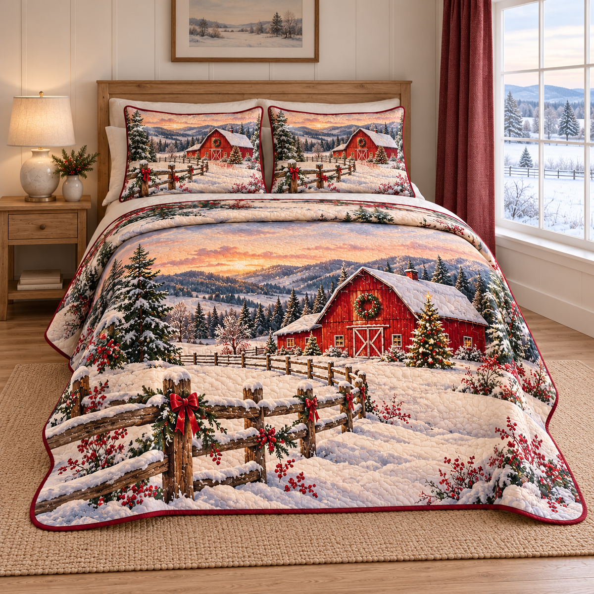 Christmas Red Barn Snowfield thin printed quilt with two matching pillow shams; complete-product design mockup with flat printed visual depth.