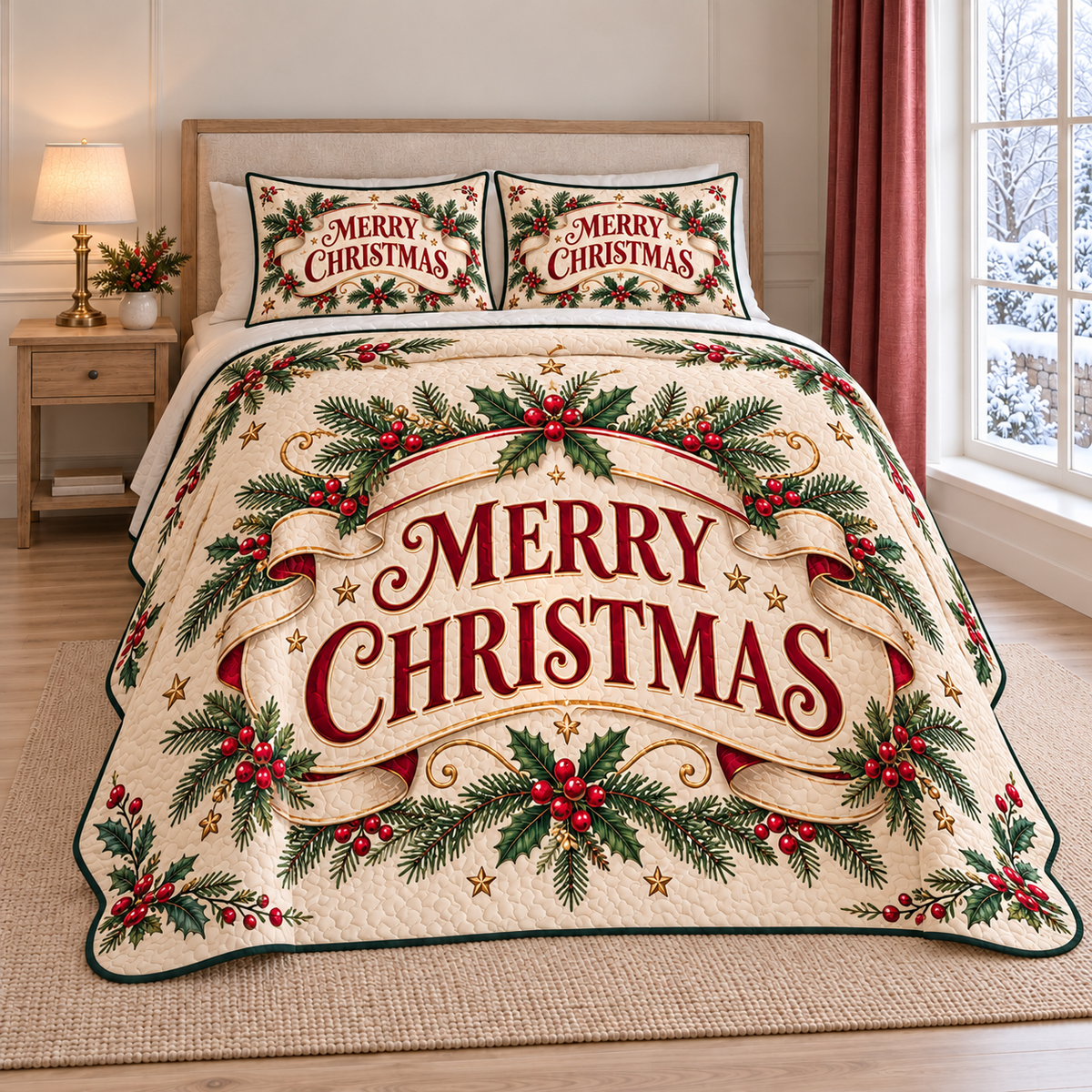 Christmas Merry Wishes Ribbon Banner thin printed quilt with two matching pillow shams; complete-product design mockup with flat printed visual depth.