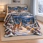 Christmas Stag Evergreen Lanterns thin printed quilt with two matching pillow shams; complete-product design mockup with flat printed visual depth.