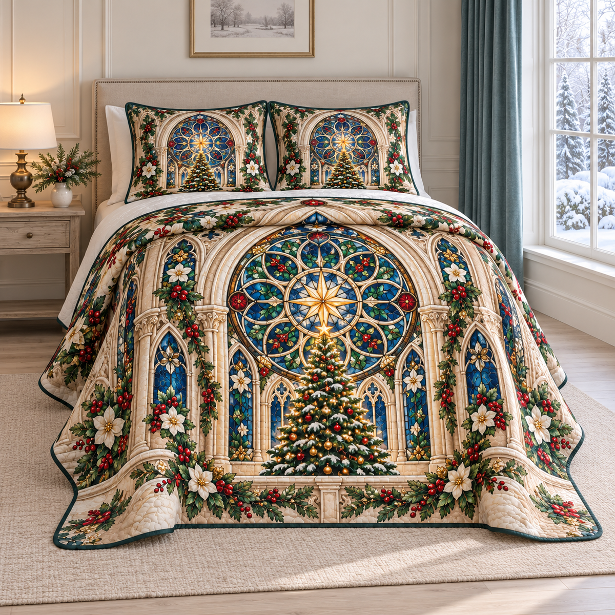 Christmas Stained Glass Rose Window thin printed quilt with two matching pillow shams; complete-product design mockup with flat printed visual depth.