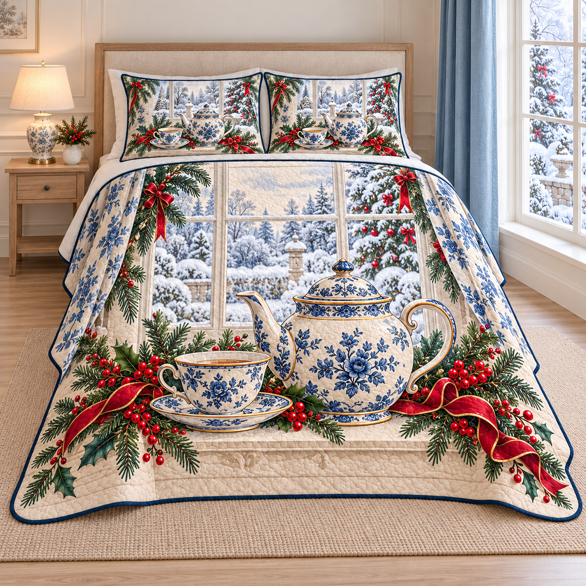 Christmas Porcelain Tea Window thin printed quilt with two matching pillow shams; complete-product design mockup with flat printed visual depth.