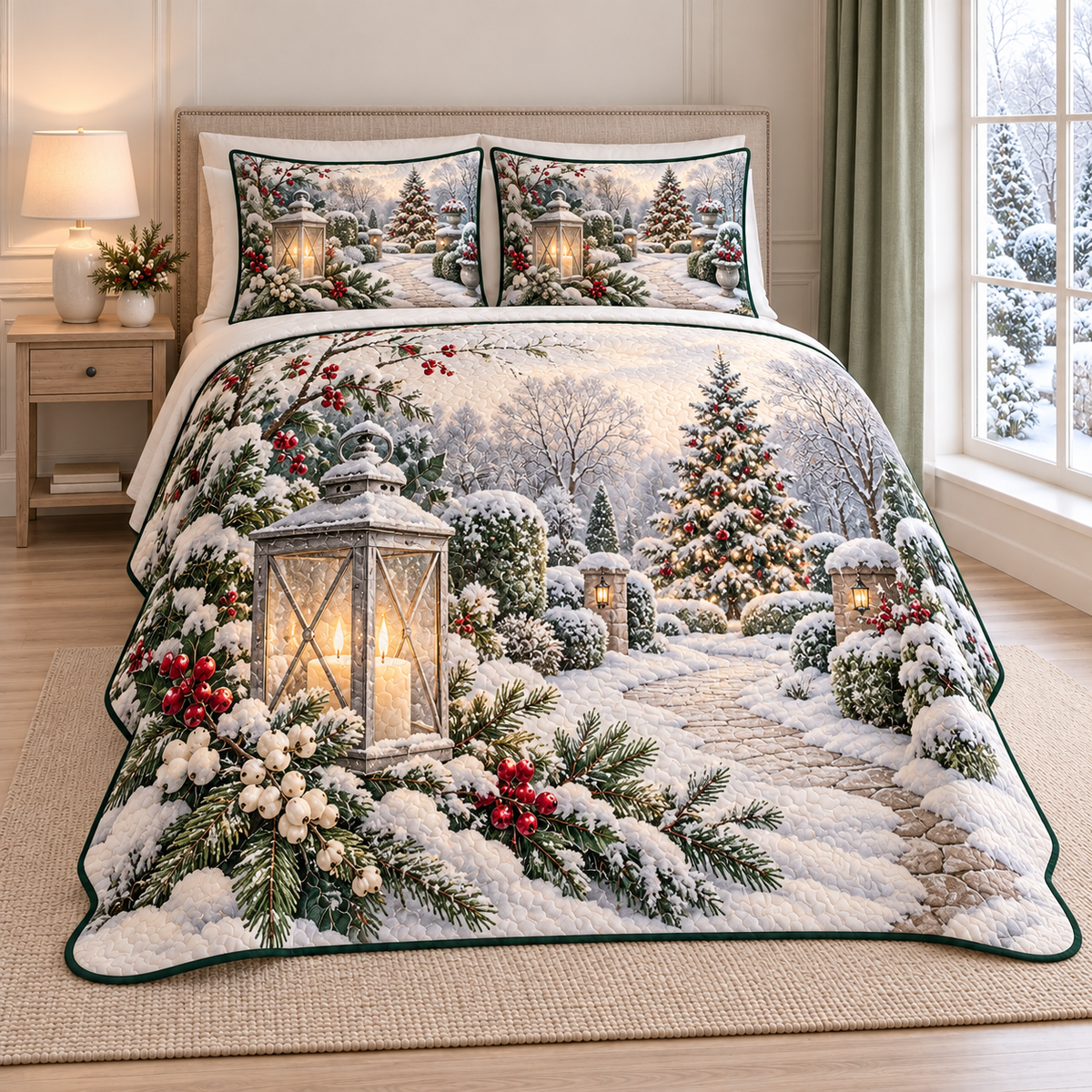 Christmas Silver Lantern Snow Garden thin printed quilt with two matching pillow shams; complete-product design mockup with flat printed visual depth.