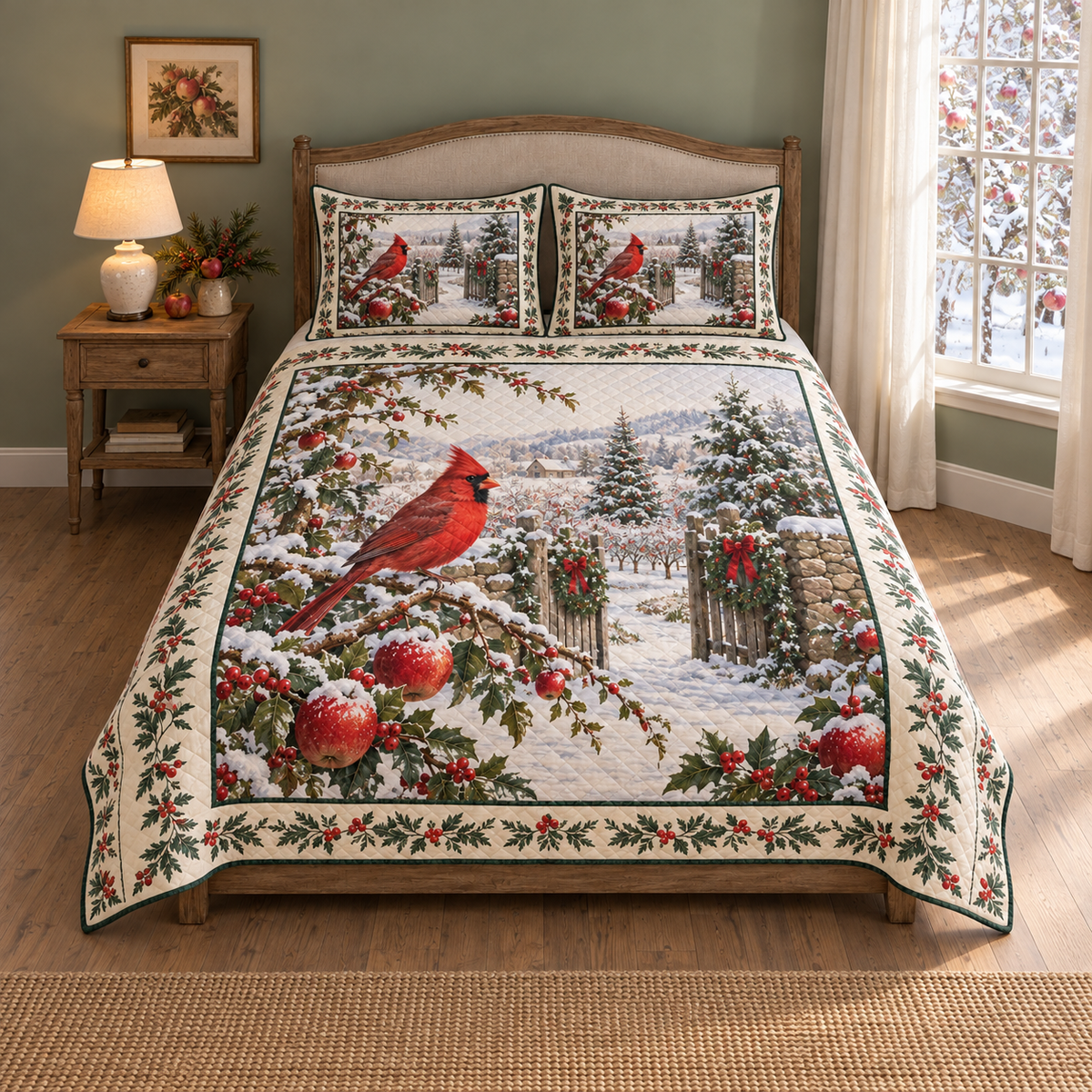 Christmas Cardinal Orchard Gate thin printed quilt with two matching pillow shams; complete-product design mockup with flat printed visual depth.