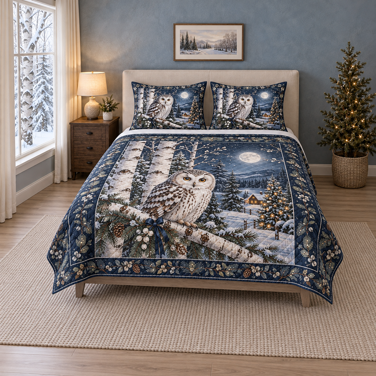 Christmas Owl Moonlit Birches thin printed quilt with two matching pillow shams; complete-product design mockup with flat printed visual depth.