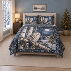 Christmas Owl Moonlit Birches thin printed quilt with two matching pillow shams; complete-product design mockup with flat printed visual depth.
