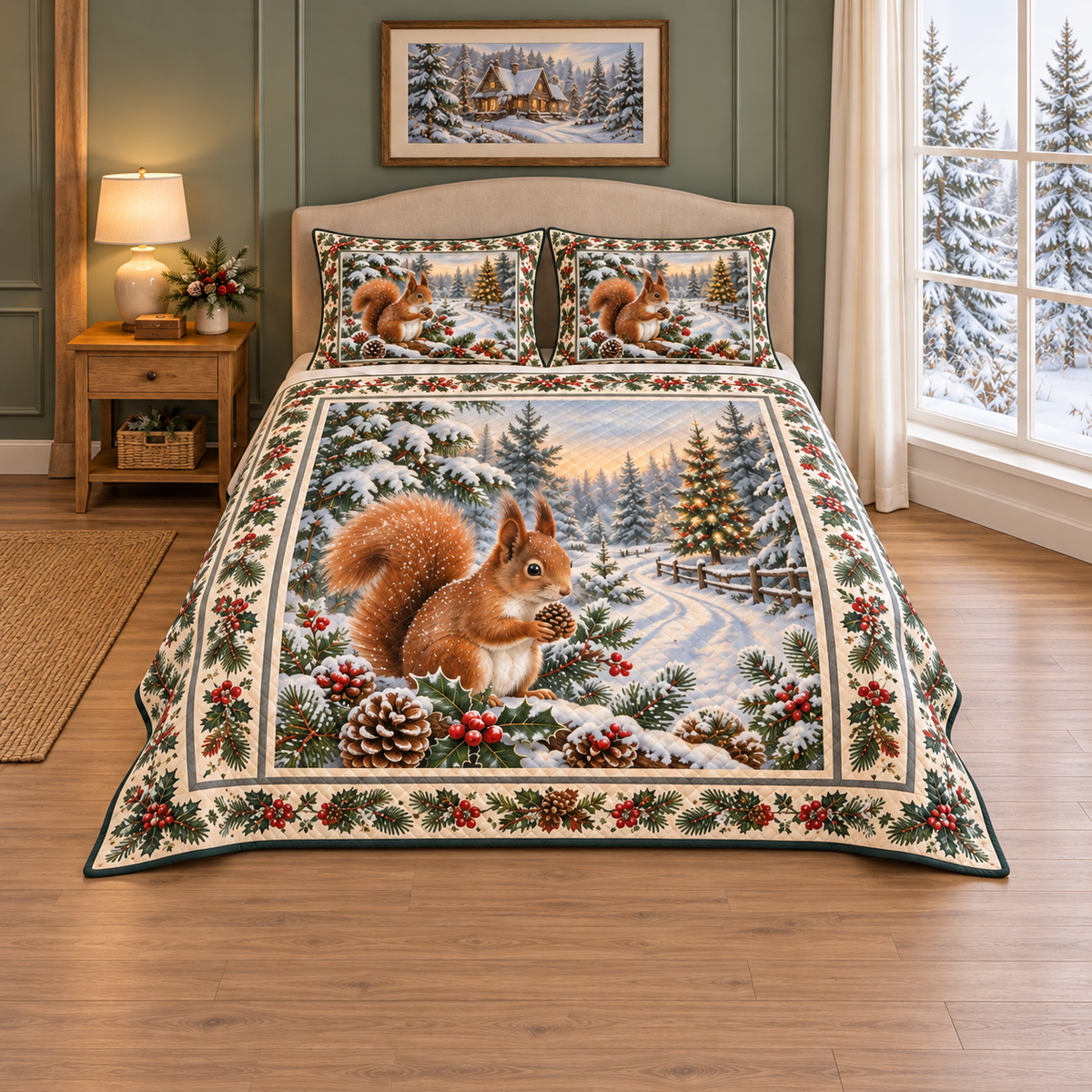 Christmas Red Squirrel Pine Cones thin printed quilt with two matching pillow shams; complete-product design mockup with flat printed visual depth.