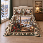 Christmas Antique Camera Snowy Village thin printed quilt with two matching pillow shams; complete-product design mockup with flat printed visual depth.