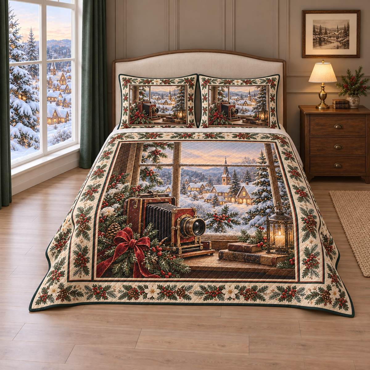 Christmas Antique Camera Snowy Village thin printed quilt with two matching pillow shams; complete-product design mockup with flat printed visual depth.