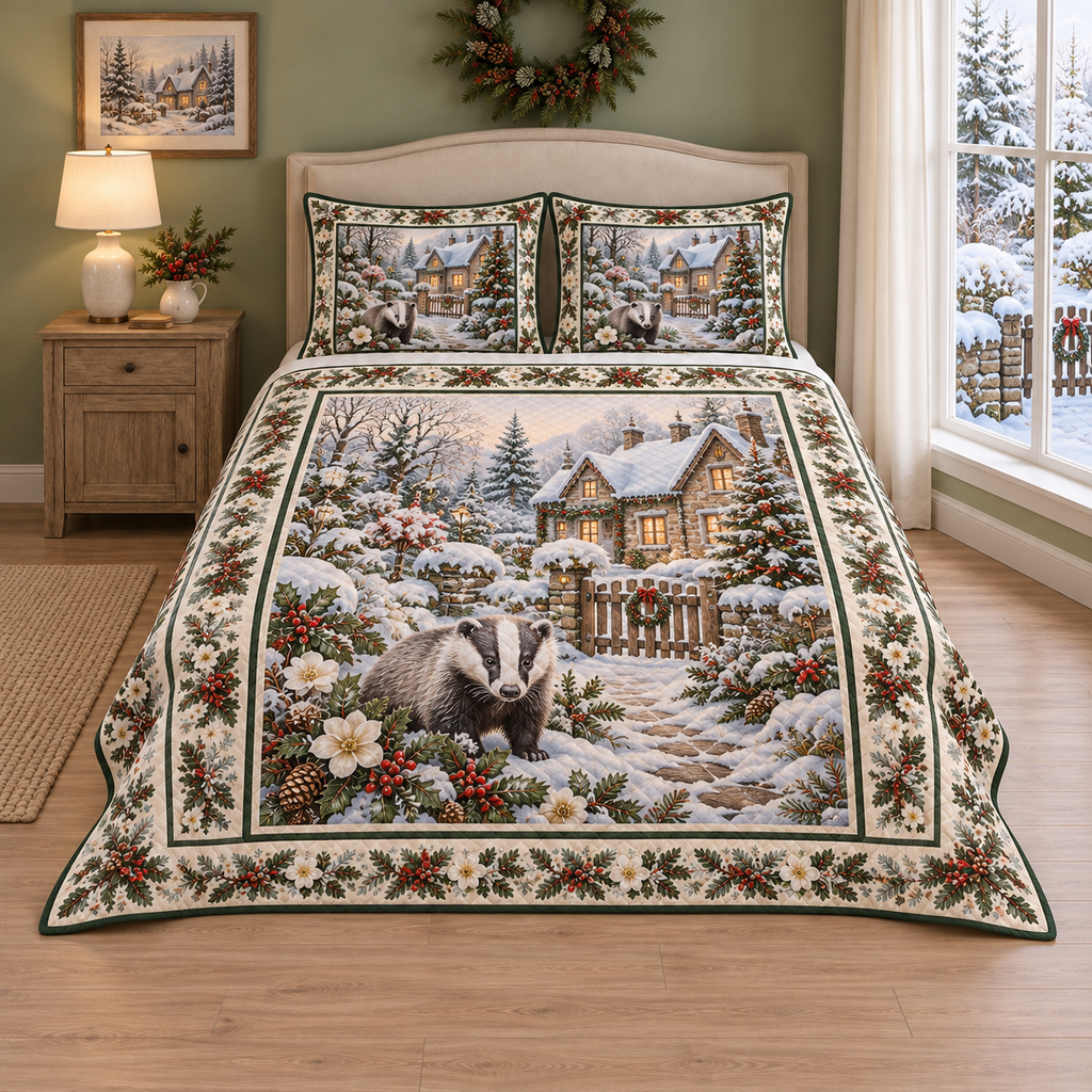 Christmas Badger Holly Cottage thin printed quilt with two matching pillow shams; complete-product design mockup with flat printed visual depth.