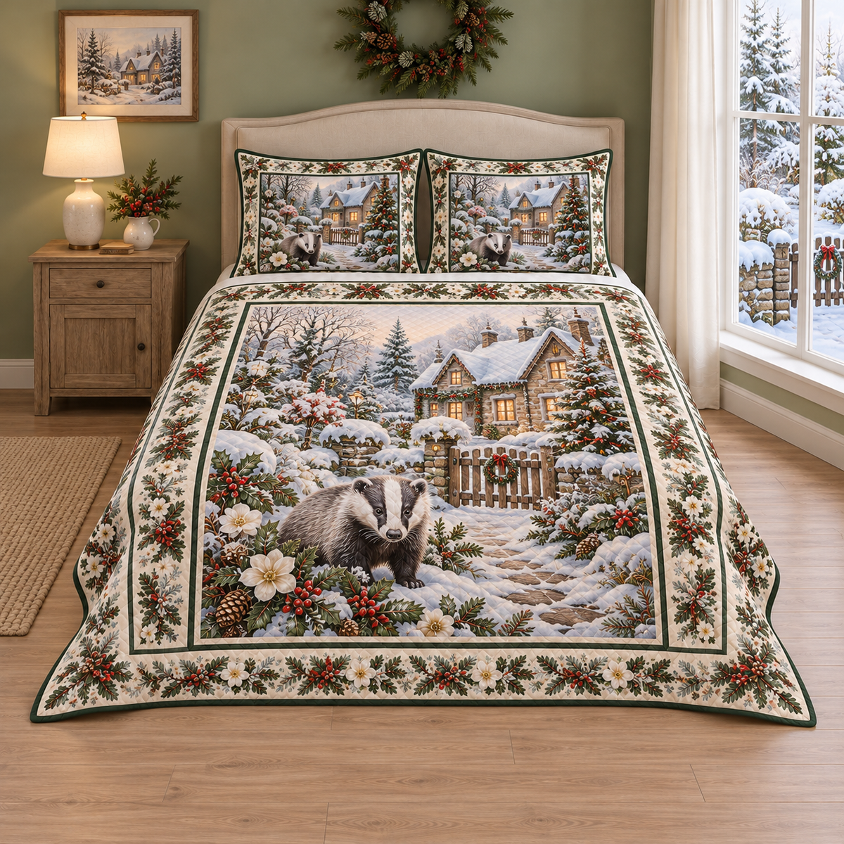 Christmas Badger Holly Cottage thin printed quilt with two matching pillow shams; complete-product design mockup with flat printed visual depth.