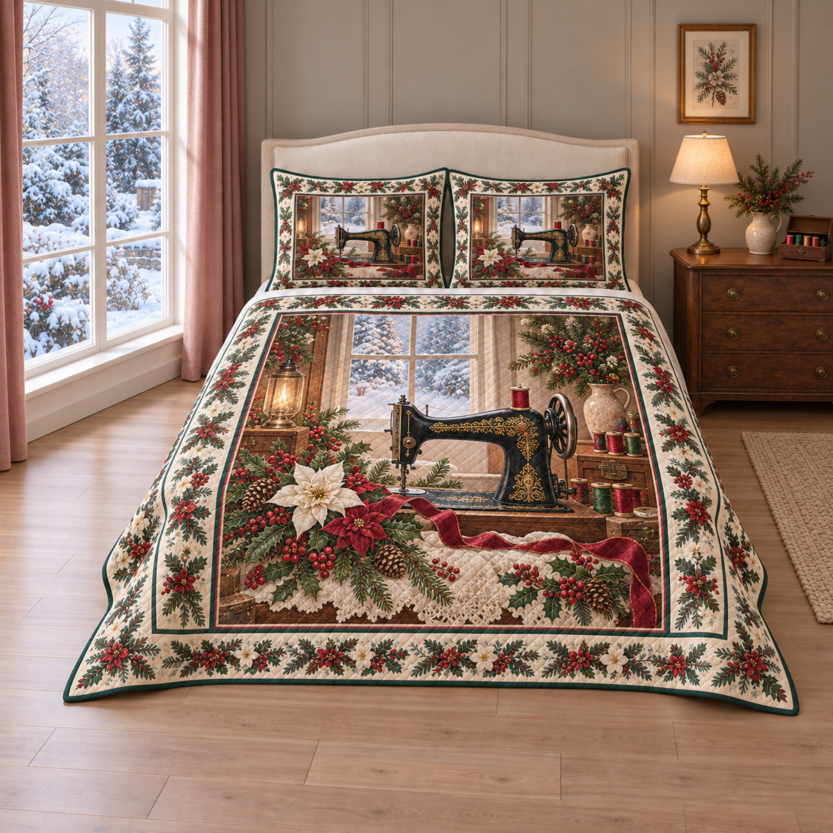 Christmas Sewing Machine Holly Studio thin printed quilt with two matching pillow shams; complete-product design mockup with flat printed visual depth.