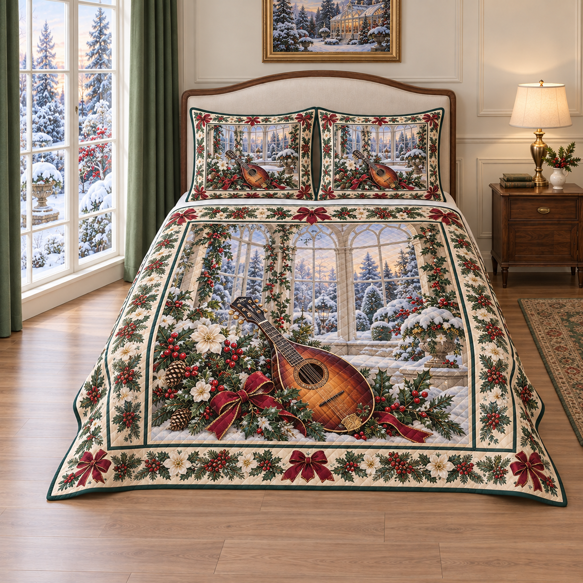 Christmas Mandolin Snowy Conservatory thin printed quilt with two matching pillow shams; complete-product design mockup with flat printed visual depth.