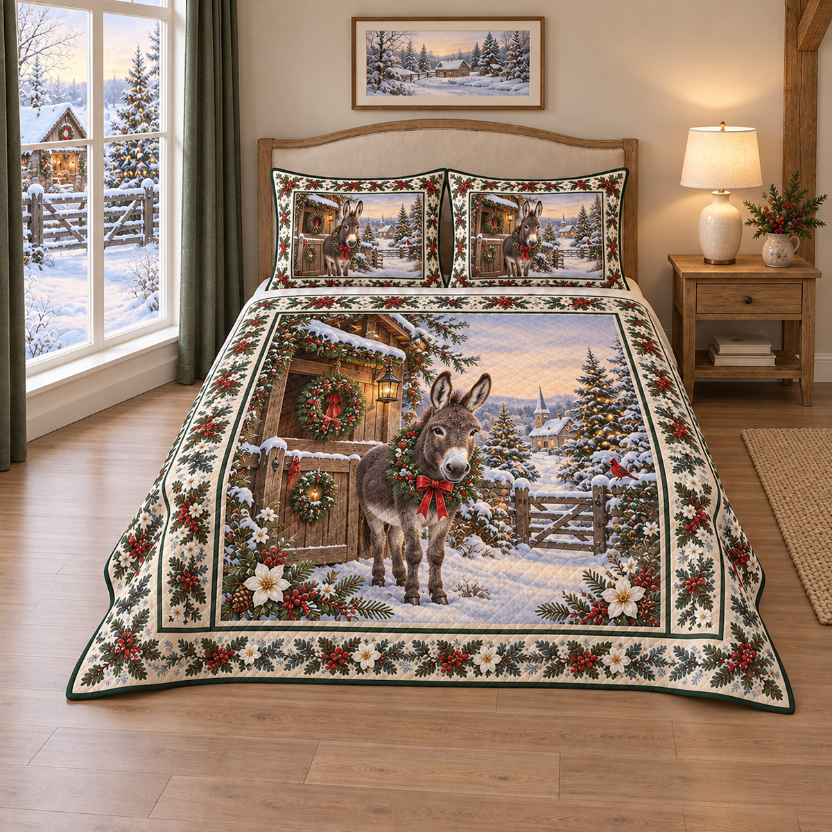 Christmas Donkey Snowy Stable thin printed quilt with two matching pillow shams; complete-product design mockup with flat printed visual depth.