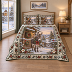 Christmas Donkey Snowy Stable thin printed quilt with two matching pillow shams; complete-product design mockup with flat printed visual depth.