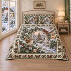 Christmas Wren Ivy Garden Arch thin printed quilt with two matching pillow shams; complete-product design mockup with flat printed visual depth.