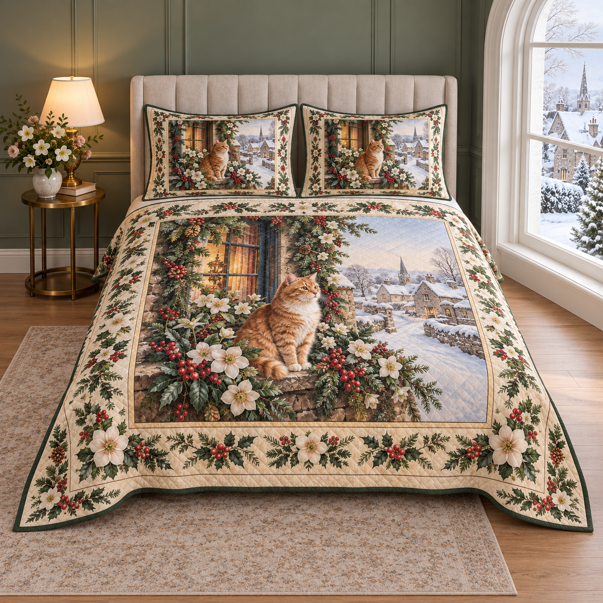 Christmas Tabby Cat Winter Florist thin printed quilt with two matching pillow shams; complete-product design mockup with flat printed visual depth.