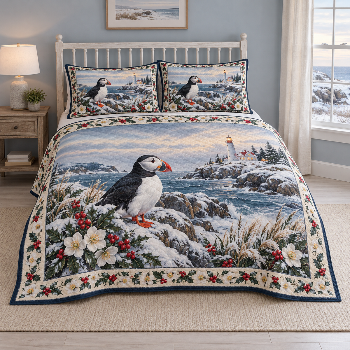 Christmas Puffin Snowy Lighthouse thin printed quilt with two matching pillow shams; complete-product design mockup with flat printed visual depth.